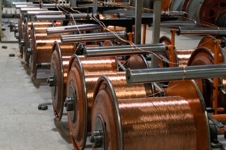 Production of copper wire, bronze cable in reels at factory