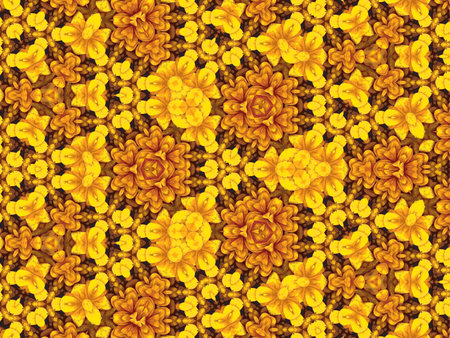 Seamless pattern of yellow and orange flowers on a white backgroundの写真素材