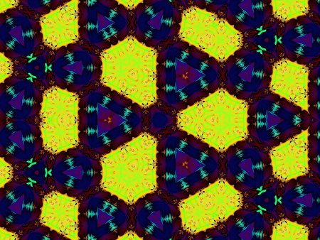 Seamless background pattern. Abstract symmetrical pattern on a yellow background. Kaleidoscope.の写真素材