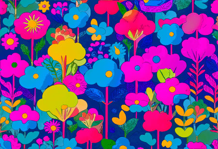Seamless pattern with colorful flowers on a dark blue background.の写真素材
