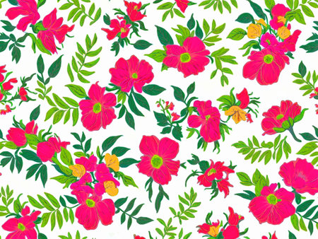 Seamless pattern with red flowers and green leaves on white backgroundの写真素材