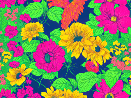 Seamless pattern with colorful flowers and leaves. Vector illustration.の写真素材