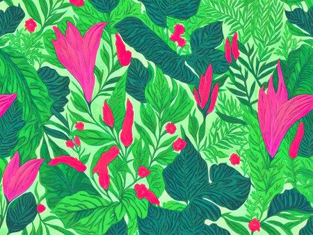 Seamless pattern with tropical leaves and flowers. Vector illustration.の写真素材
