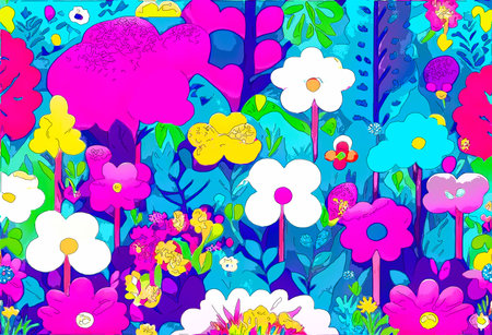 Seamless pattern with colorful flowers and butterflies. Vector illustration.の写真素材