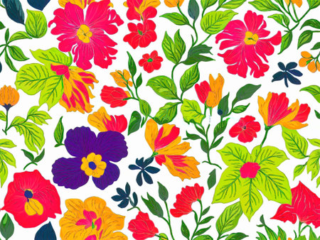Seamless pattern with colorful flowers and leaves. Vector illustration.の写真素材