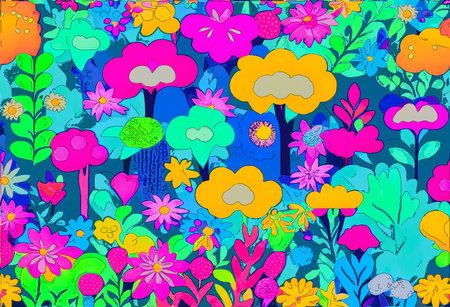 Seamless pattern with colorful flowers and trees. Vector illustration.の写真素材