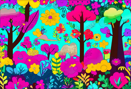 Seamless pattern with colorful flowers and trees. Vector illustration.の写真素材