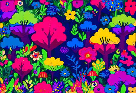 Seamless pattern with flowers, trees and mushrooms. Vector illustration.