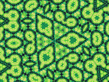 Seamless kaleidoscopic texture or background pattern in green and blackの写真素材