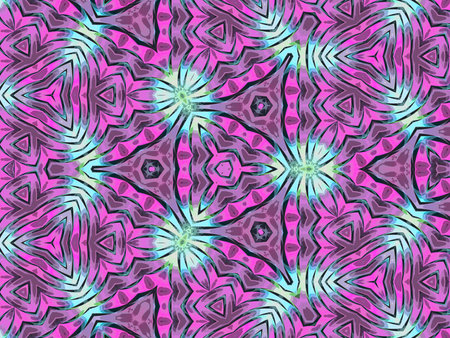 Seamless kaleidoscope pattern with symmetrical design in pink and blue.の写真素材