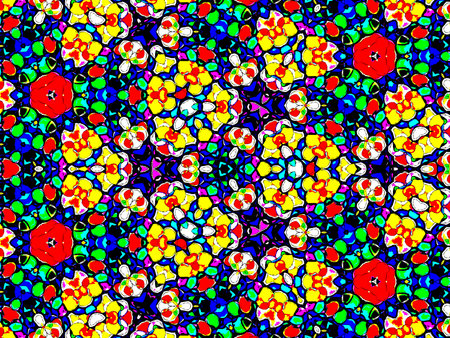 Seamless pattern with multicolored abstract flowers on a black backgroundの写真素材