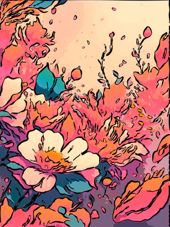 Watercolor floral background with peony flowers, leaves and branches.の写真素材