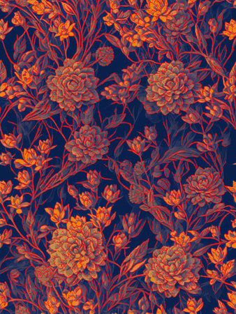 Floral seamless pattern. Hand drawn flowers and leaves on dark blue background.の素材
