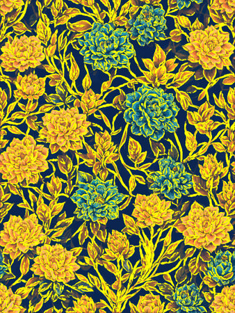 Floral seamless pattern with yellow roses on a dark blue background.の素材