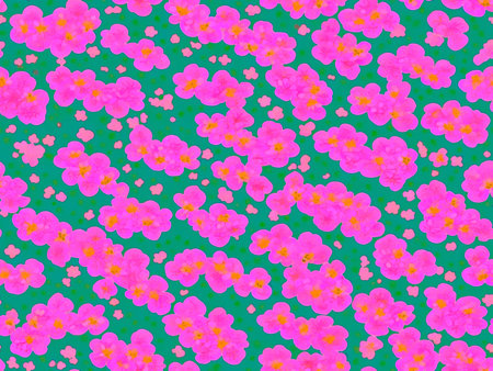 Seamless floral pattern with pink flowers on a green background.の写真素材