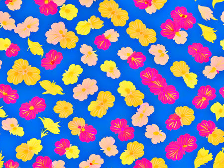 Seamless pattern with hibiscus flowers on blue backgroundの写真素材