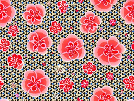 Seamless pattern with pink flowers on black background. Vector illustration.の写真素材