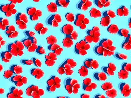 Seamless pattern with red hibiscus flowers on a blue background.
