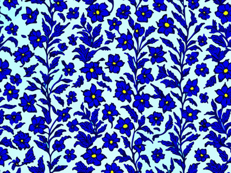 Seamless pattern with blue flowers and leaves on a blue background.