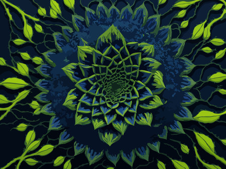 Illustration of a fractal flower with leaves on a dark backgroundのイラスト素材