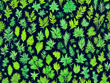 Seamless pattern with green leaves on dark background. Vector illustration.の写真素材