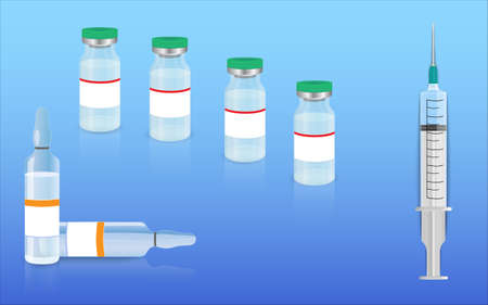 An injection syringe lying on the surface next to the coronavirus vaccine vials.のイラスト素材