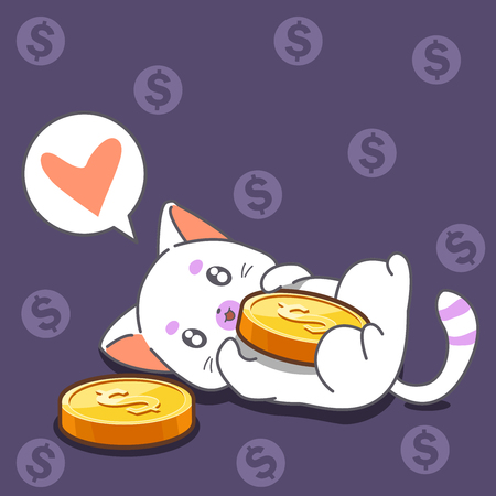 Cat and coins in cartoon style.のイラスト素材