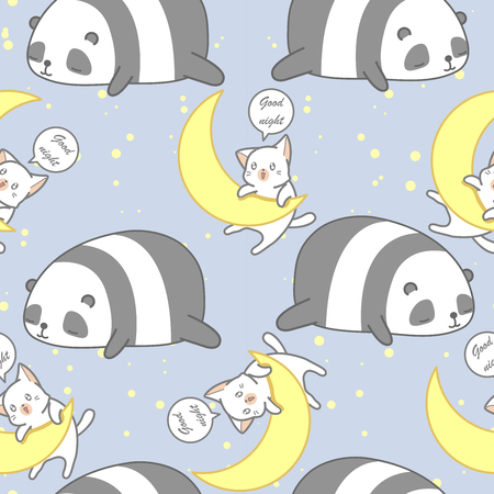 Seamless panda and cat in good night theme pattern.のイラスト素材
