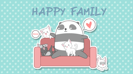 Panda and 4 cats in cartoon style.のイラスト素材