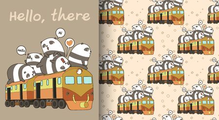 cute pandas on the train pattern with Seamless patternのイラスト素材