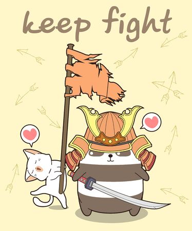 Kawaii samurai panda and cat is holding a flagのイラスト素材