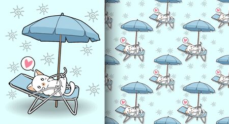 Seamless cute cat on cradle with a outdoor umbrella patternのイラスト素材