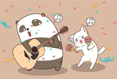Cute panda and cat are playing music instrumentのイラスト素材