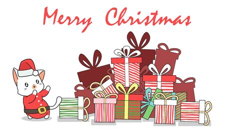 Hand drawn adorable Santa cat and giftsのイラスト素材