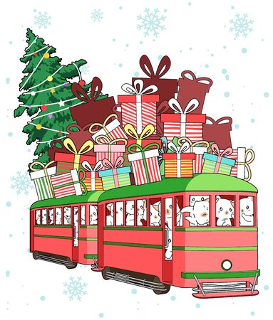 Kawaii cat characters in the Christmas tram with gifts and Christmas treeのイラスト素材