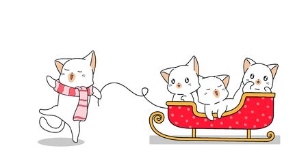 Adorable cats is dragging sleigh vehicle with friendsのイラスト素材
