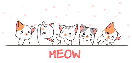Hand drawn 5 cute cats charactersのイラスト素材