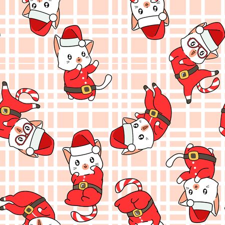 Seamless adorable Santa cat with a Christmas day patternのイラスト素材
