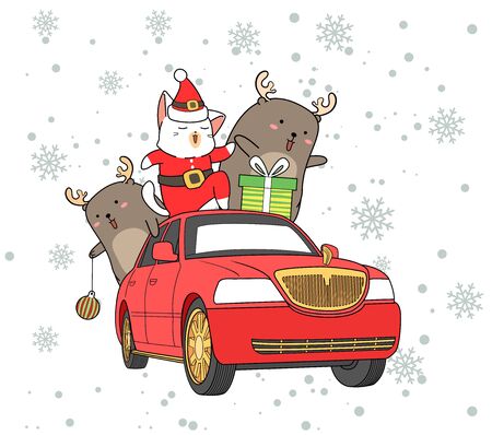 drawn kawaii Santa cat and reindeers on the red vehicleのイラスト素材