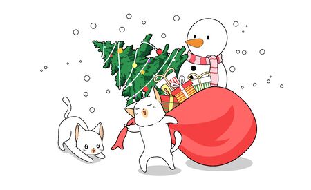 Kawaii cat cartoon is dragging Christmas bagのイラスト素材