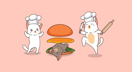 Adorable 2 cat chefs are making cat burgerのイラスト素材