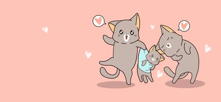 Banner greeting family cat in cartoon styleのイラスト素材
