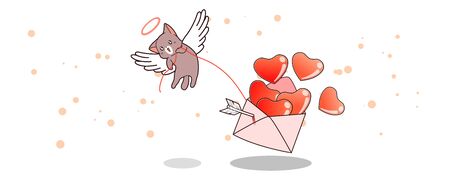 Banner kawaii Cupid cat is lifting hearts inside love letterのイラスト素材