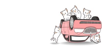 Hand drawn kawaii cats and pink car is brokenのイラスト素材