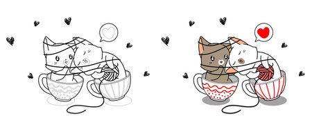 Cute couple cat are loving in cup cartoon coloring pageのイラスト素材