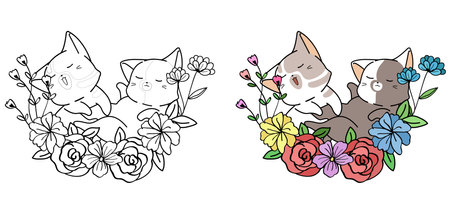 2 cute cats with wreath cartoon coloring pageのイラスト素材