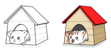 Cute cat in house cartoon coloring pageのイラスト素材