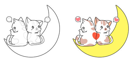 Cute couple cat are loving on the moon cartoon coloring pageのイラスト素材