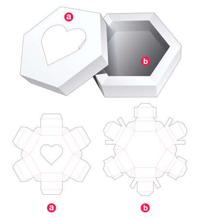 Hexagonal box and lid with heart window die cut templateのイラスト素材