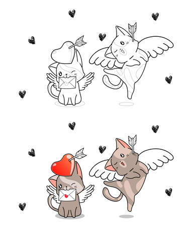 Cupid cats for Valentine day cartoon coloring page for kidsのイラスト素材